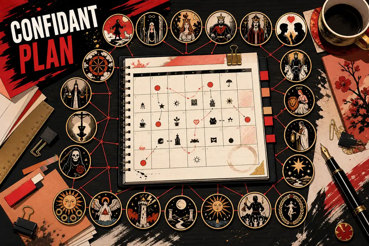 Illustrated Persona 5 Royal Confidant planner with calendar, Arcana cards, and linked rank medallions