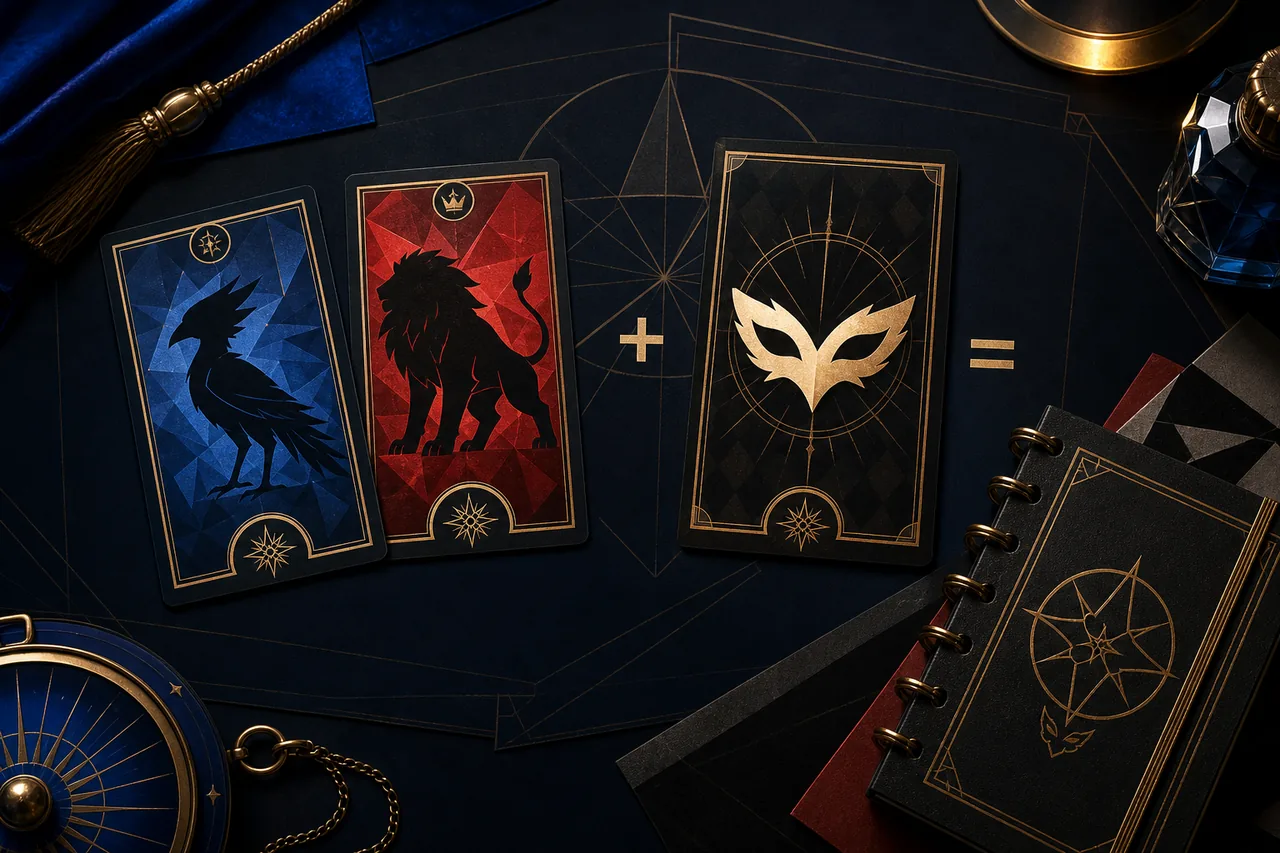 Editorial illustration of two fusion ingredient cards producing a target mask for Persona 5 Royal route planning