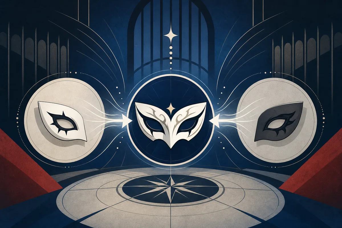 Editorial illustration of abstract Persona masks combining into a stronger Gallows result