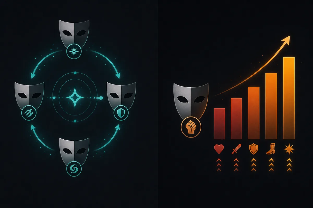 Editorial comparison showing Gallows skill transfer choices beside stat growth planning