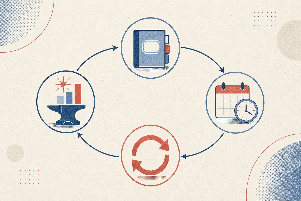 Editorial loop diagram showing Gallows strengthening, registration, time check, and repeat planning