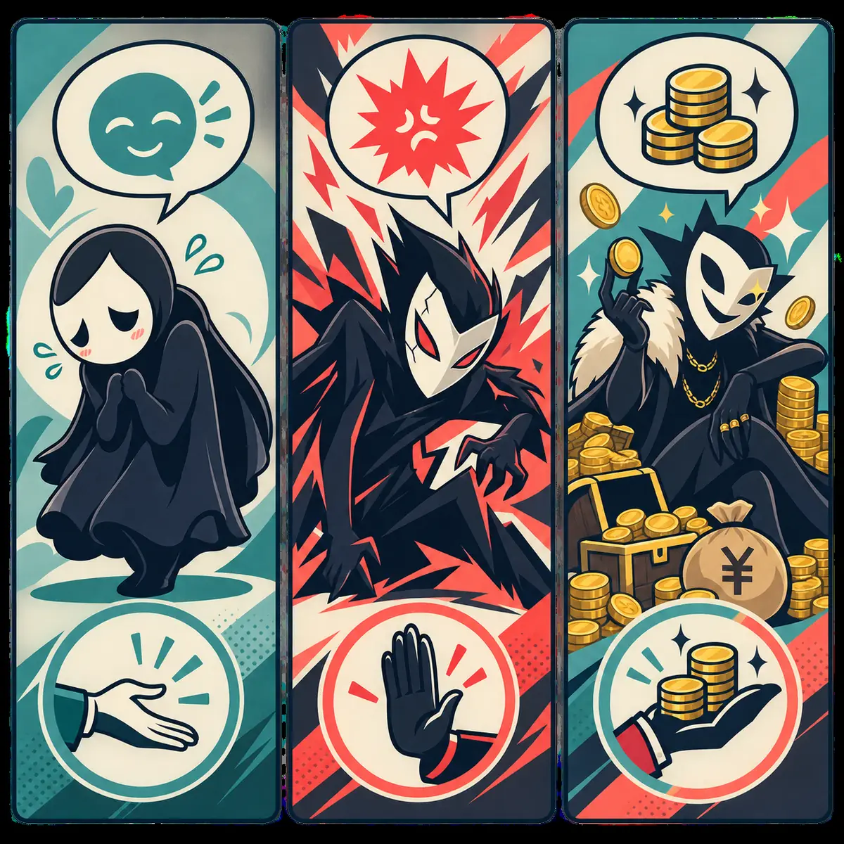 Editorial comparison of timid, irritable, and greedy Shadow negotiation moods with matching symbols