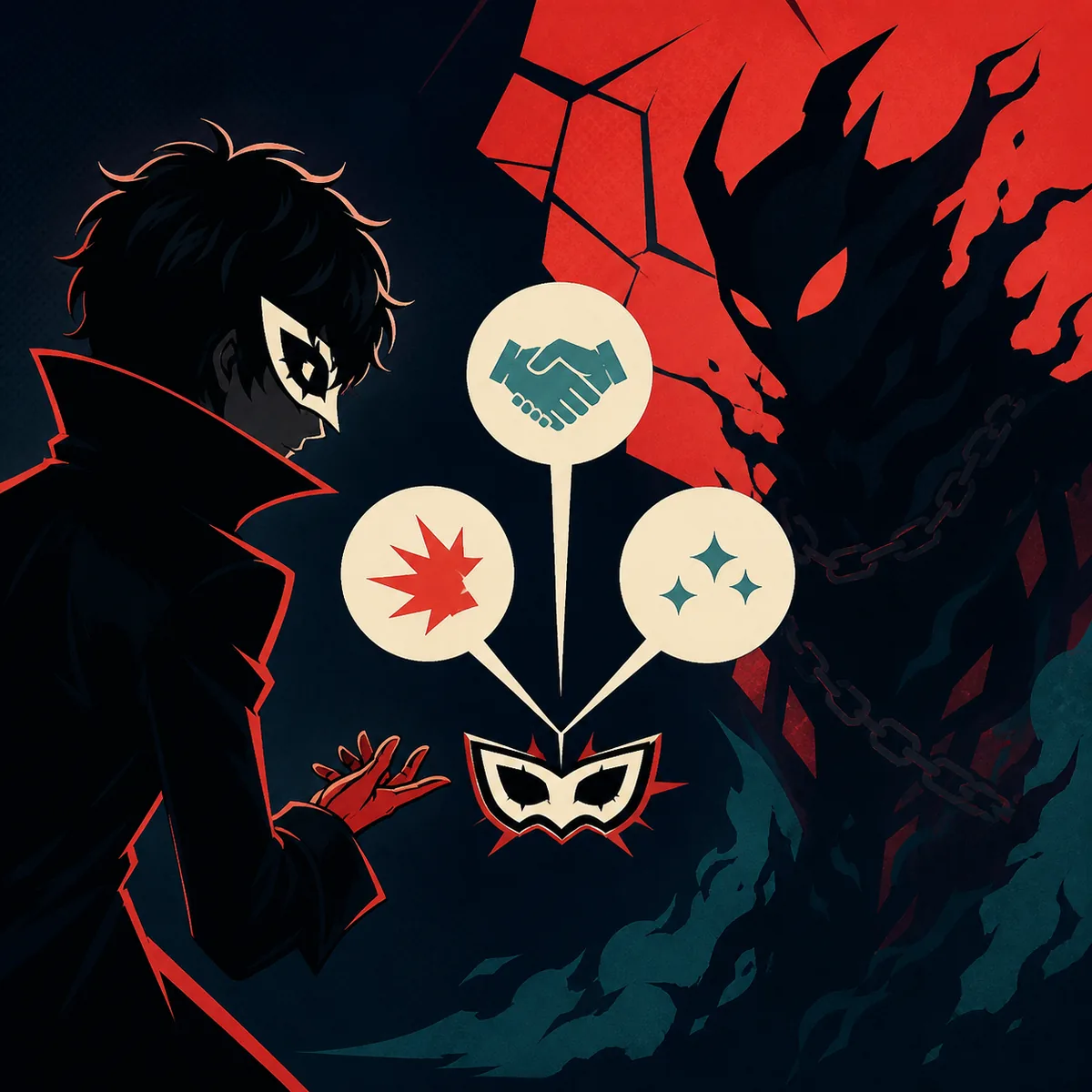 Editorial illustration of a masked Phantom Thief choosing between three Shadow negotiation responses