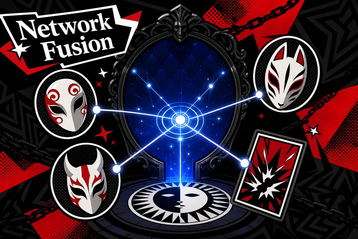 Editorial illustration of a Velvet Room network portal connecting abstract Persona masks and a skill card
