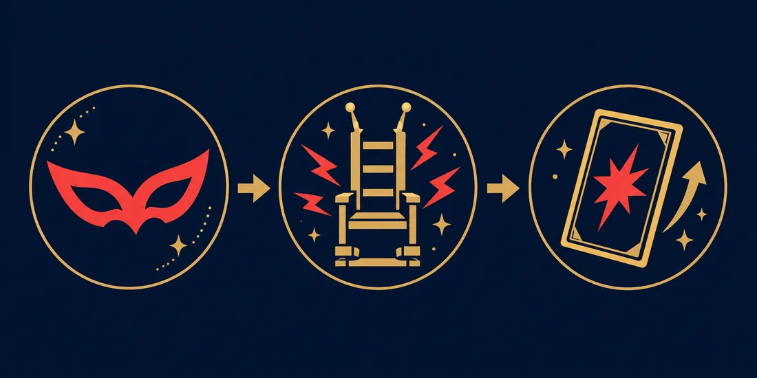 Editorial diagram showing a Persona mask, Electric Chair step, and upgraded skill card result