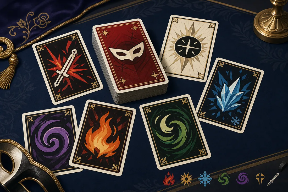 Editorial illustration of elemental skill cards for Persona 5 Royal planning