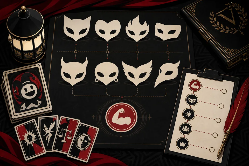 Editorial illustration of Persona 5 Royal Strength Confidant fusion planning with mask icons and route cards