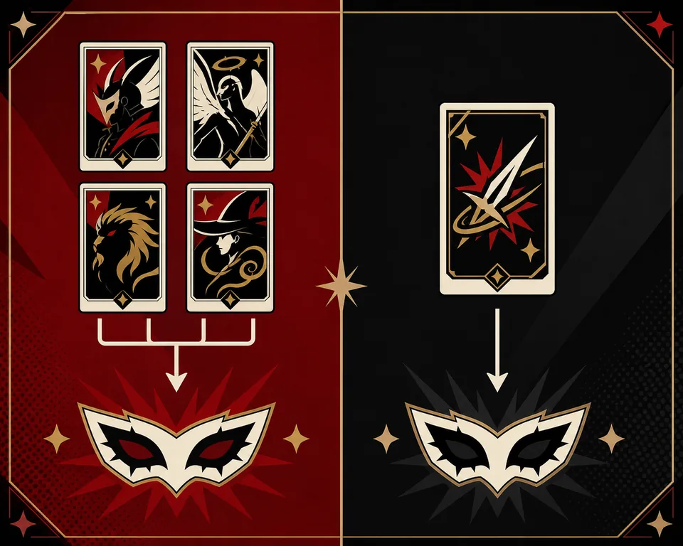 Editorial comparison of fusion inheritance and skill-card paths for Persona 5 Royal Strength Confidant requests