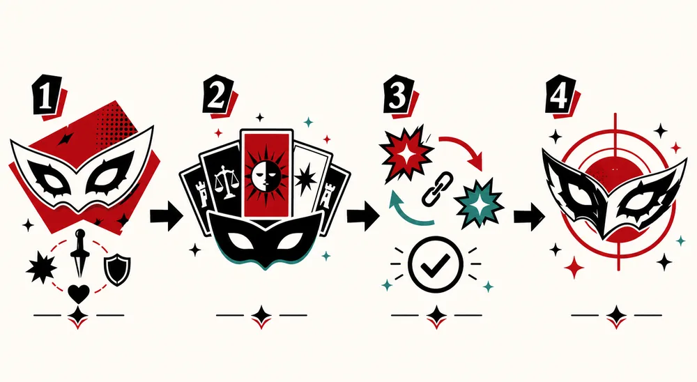 Editorial four-step flow for choosing role, source trait, inheritance route, and final Persona build