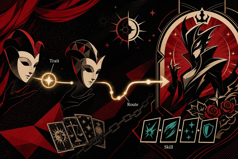 Editorial illustration of abstract Persona masks passing a trait symbol along a fusion route