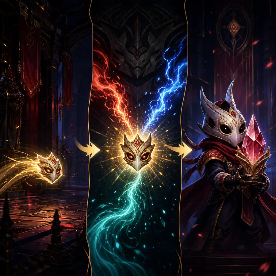Original three-stage editorial artwork showing a Treasure Demon encounter, elemental pressure, and a crystal reward