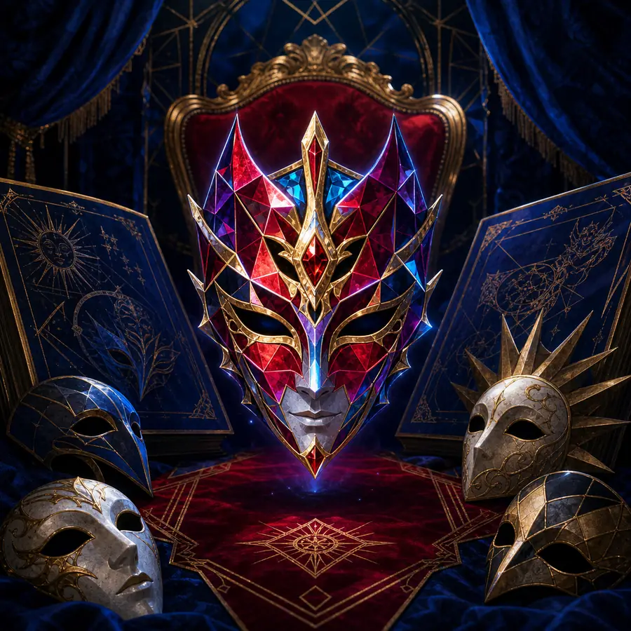 Original editorial artwork of a jewel-like Treasure Demon mask in a Velvet Room setting